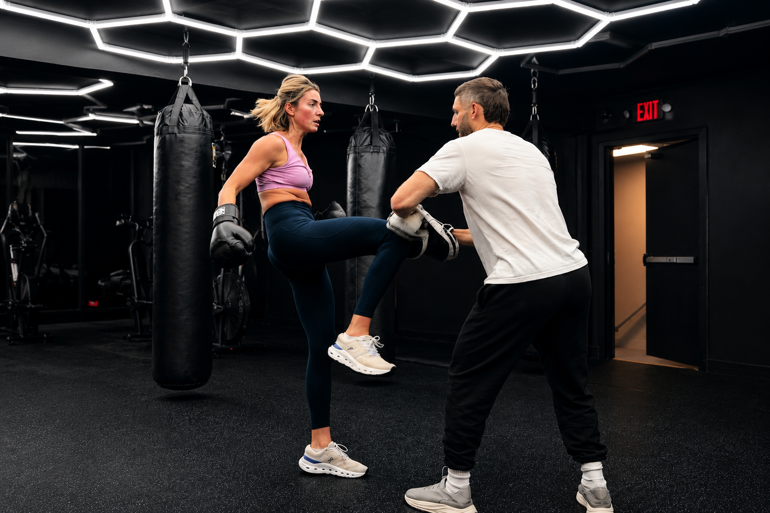 Member throwing a knee strike into a coach's pad during boxing conditioning